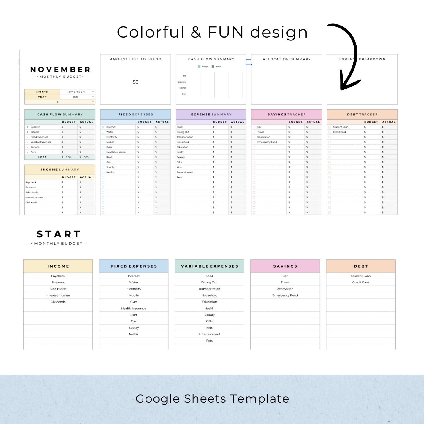 Colorful Monthly Budget Spreadsheet (Google Sheets)