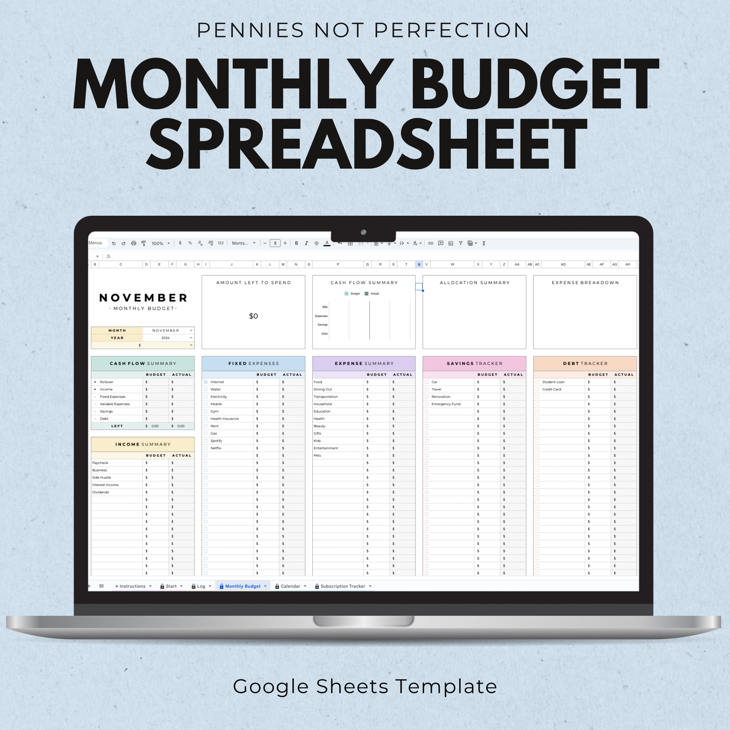 Colorful Monthly Budget Spreadsheet (Google Sheets)