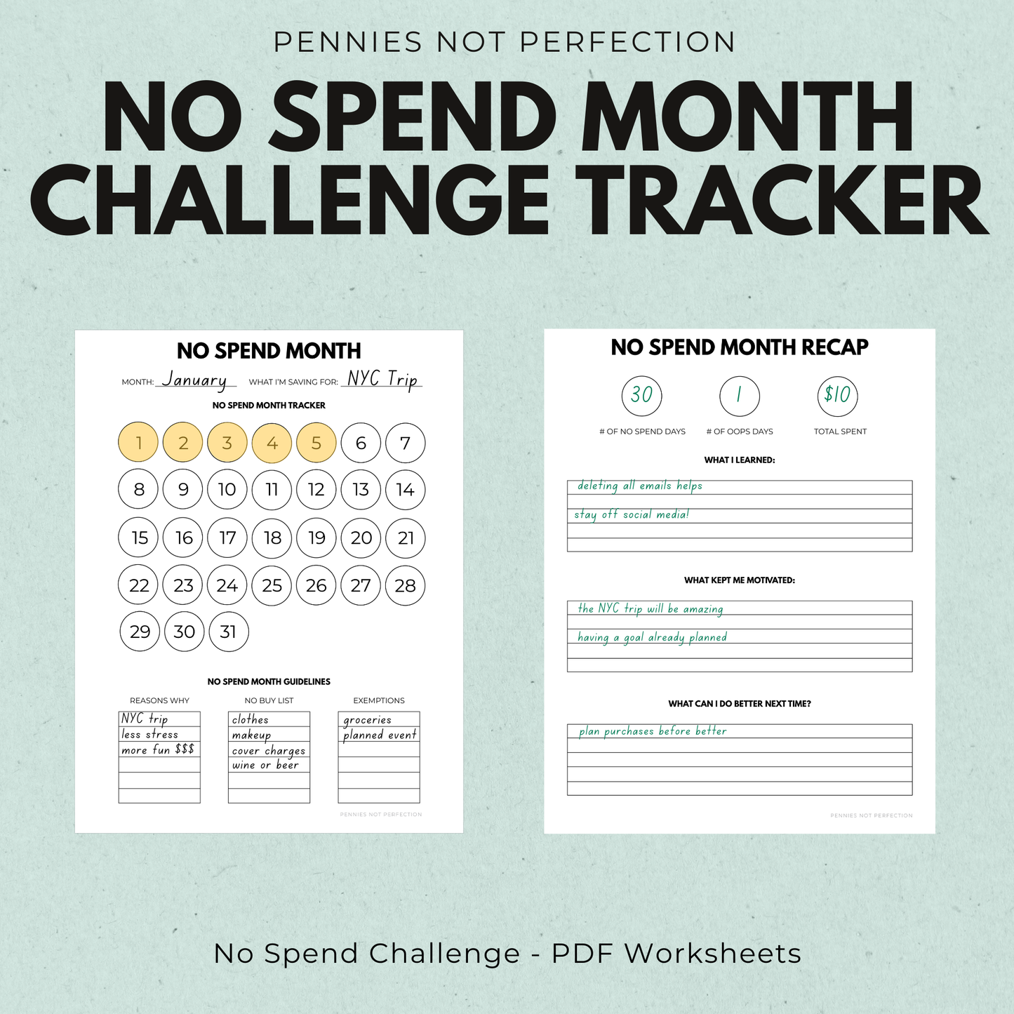 No Spend Month Tracker For No Spend Challenges