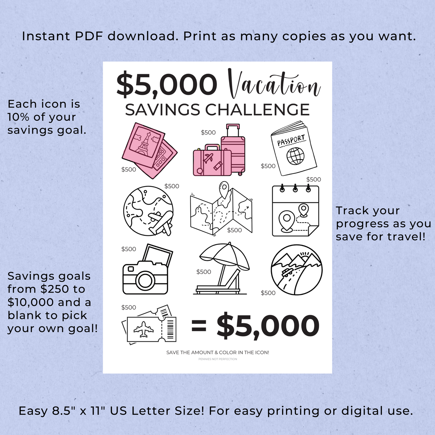 Vacation Savings Tracker (Save From $250 to $10,000)