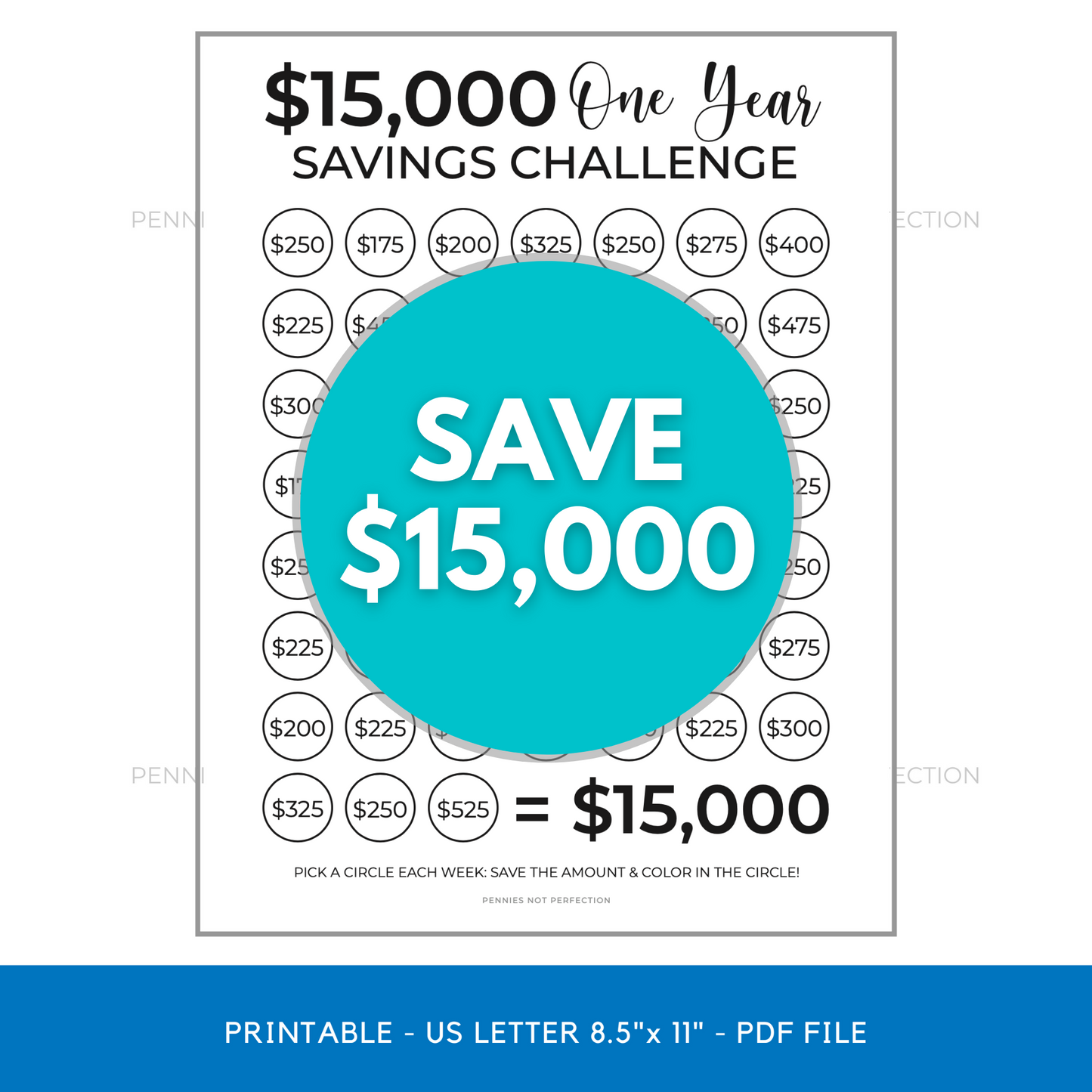 $15,000 In One Year Savings Challenge Tracker Printable
