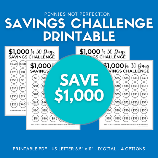 $1,000 In 30 Days Savings Challenge Printable | Save $1,000 In A Month