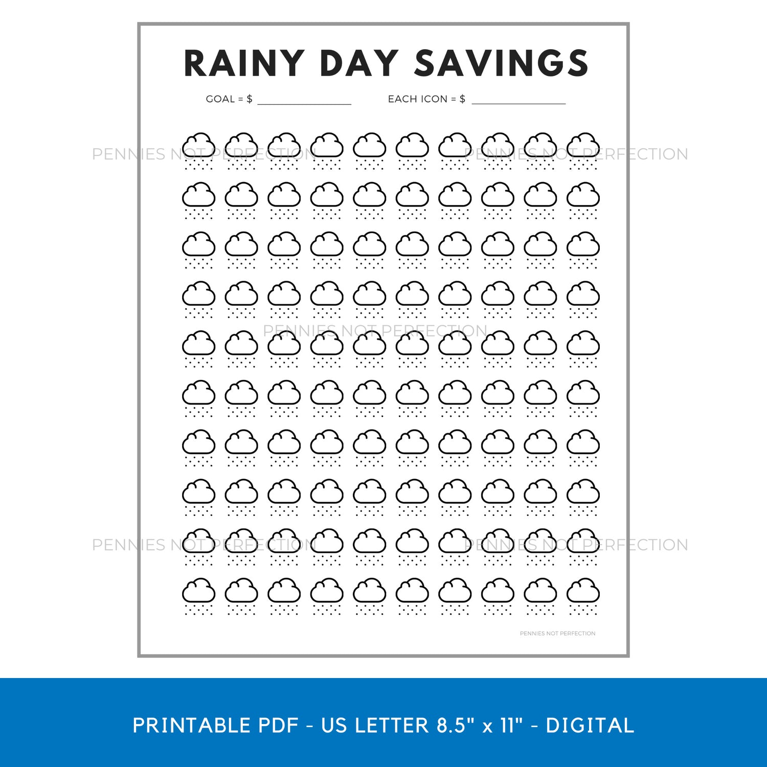 Rainy Day Savings Tracker 100 Icons - Pennies Not Perfection