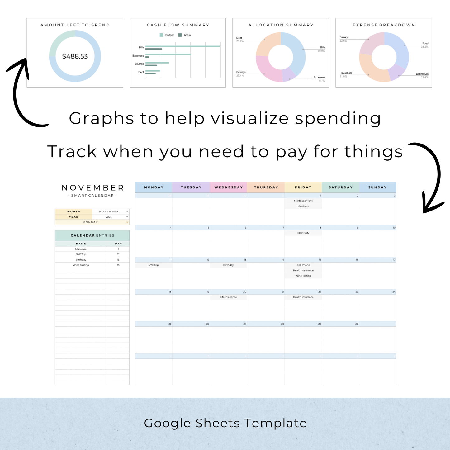 Colorful Monthly Budget Spreadsheet (Google Sheets)