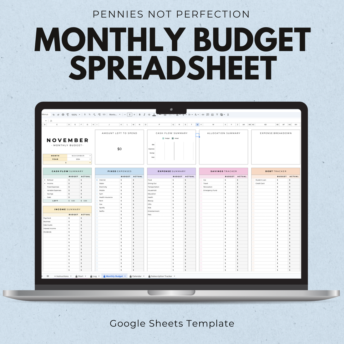 Colorful Monthly Budget Spreadsheet (Google Sheets) – penniesnotperfection