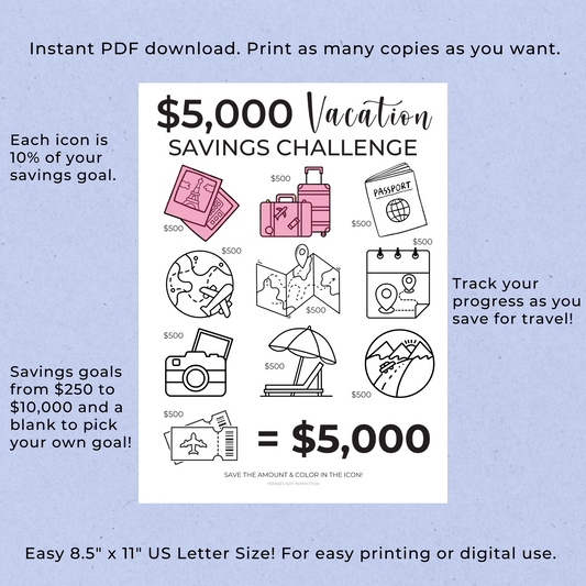 Vacation Savings Tracker (Save From $250 to $10,000)