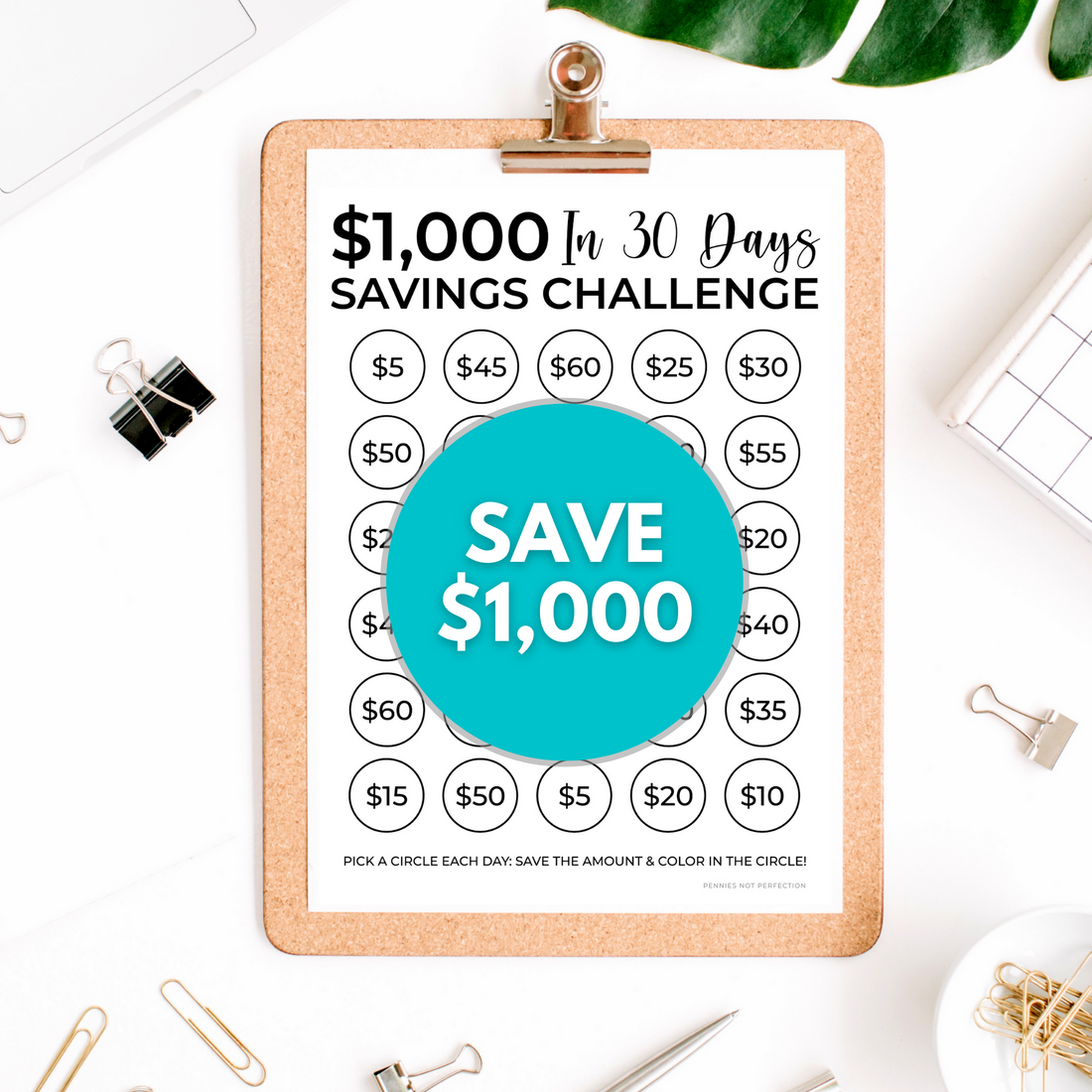 $1,000 In 30 Days Savings Challenge Printable | Save $1,000 In A Month ...