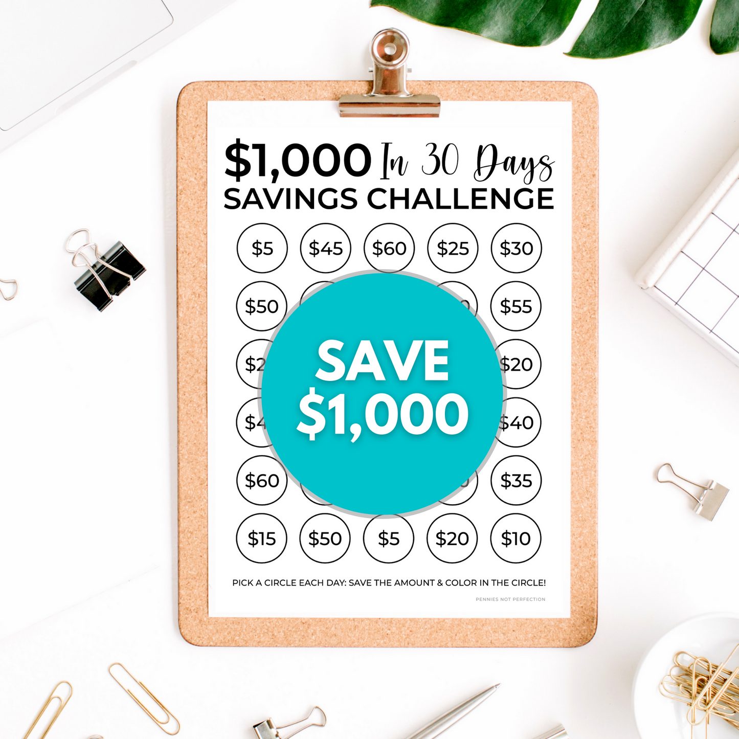 $1,000 In 30 Days Savings Challenge Printable | Save $1,000 In A Month