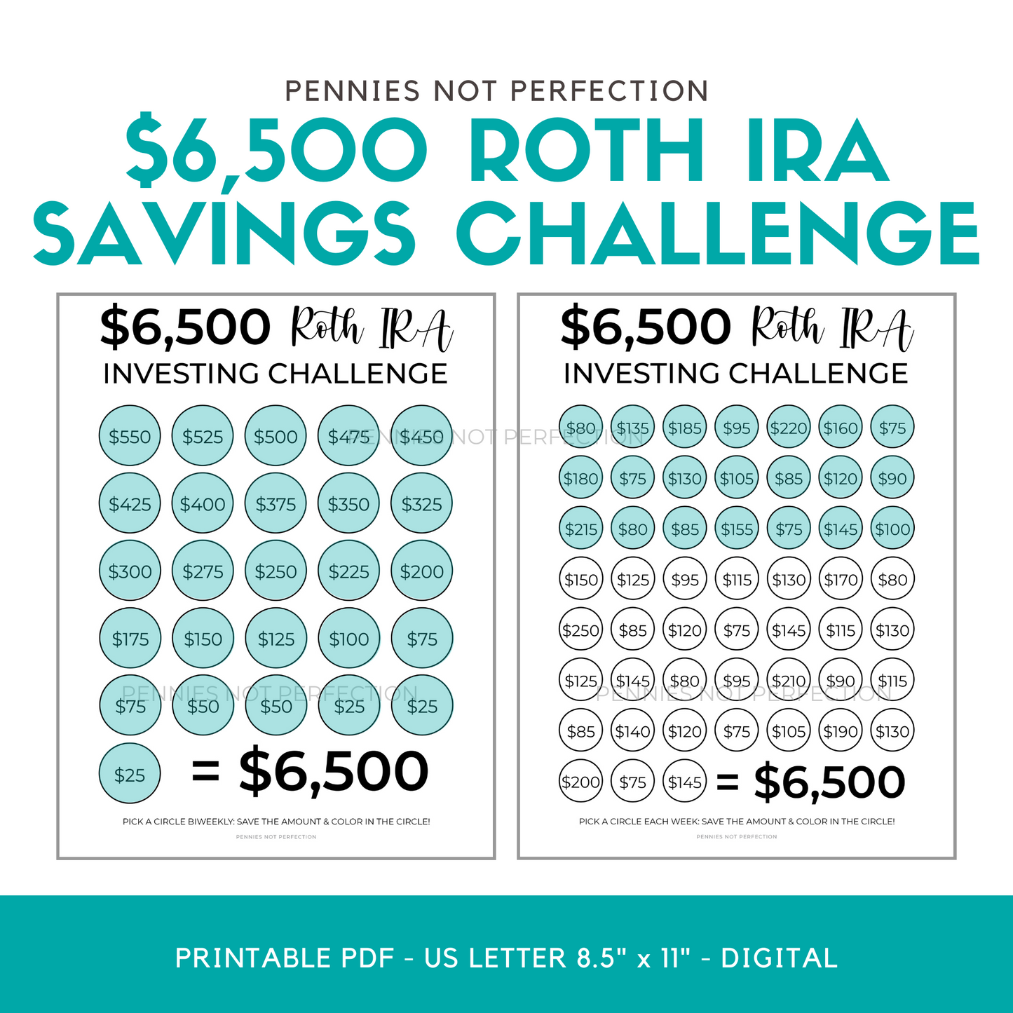 2023 Roth IRA Challenges: Invest $6,500 Or $7,500! Savings Challenge Tracker Printable
