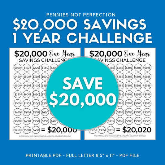 $20,000 In One Year Savings Challenge Tracker Printable