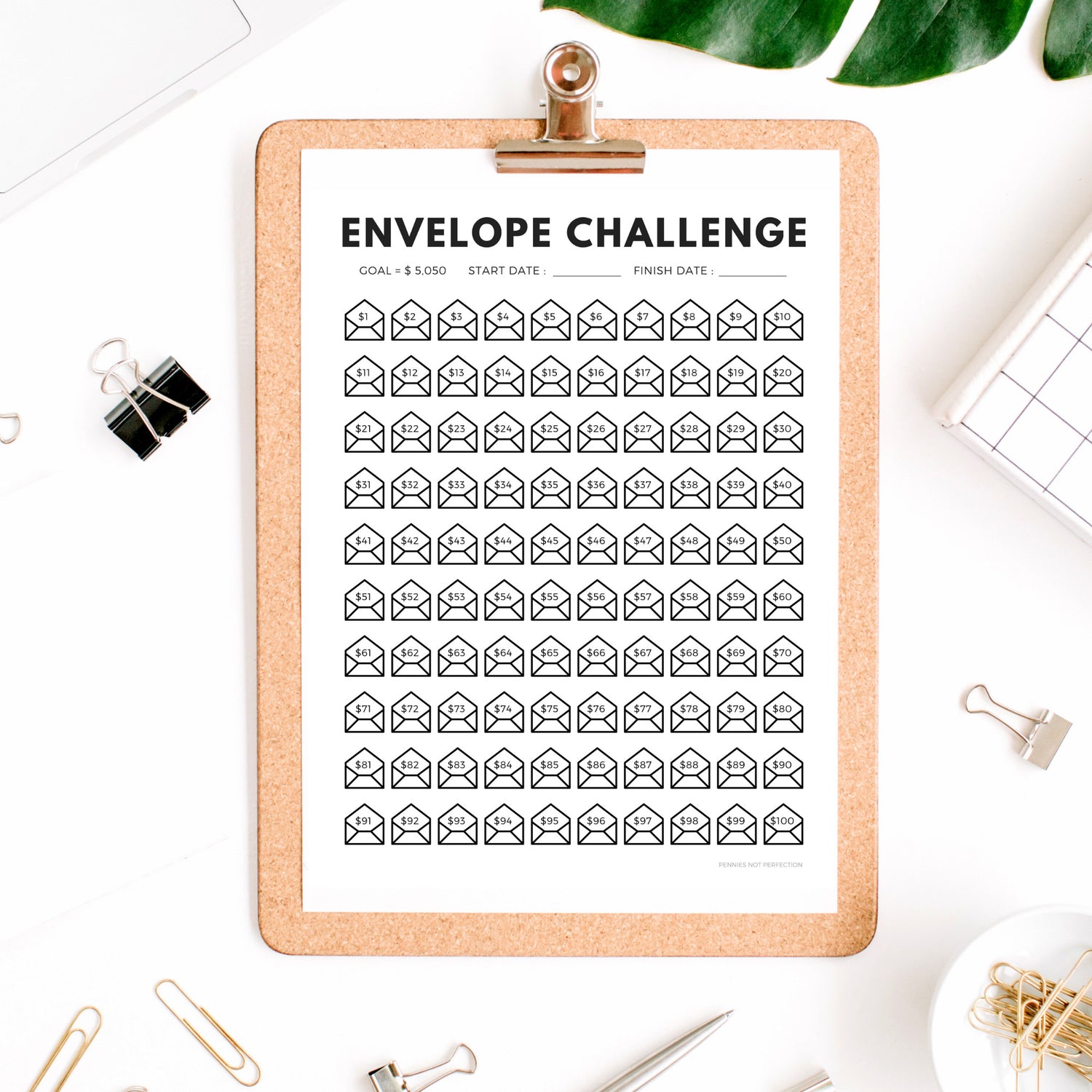 Printable 100 Envelope Challenge Savings Tracker 5,050 Dollars