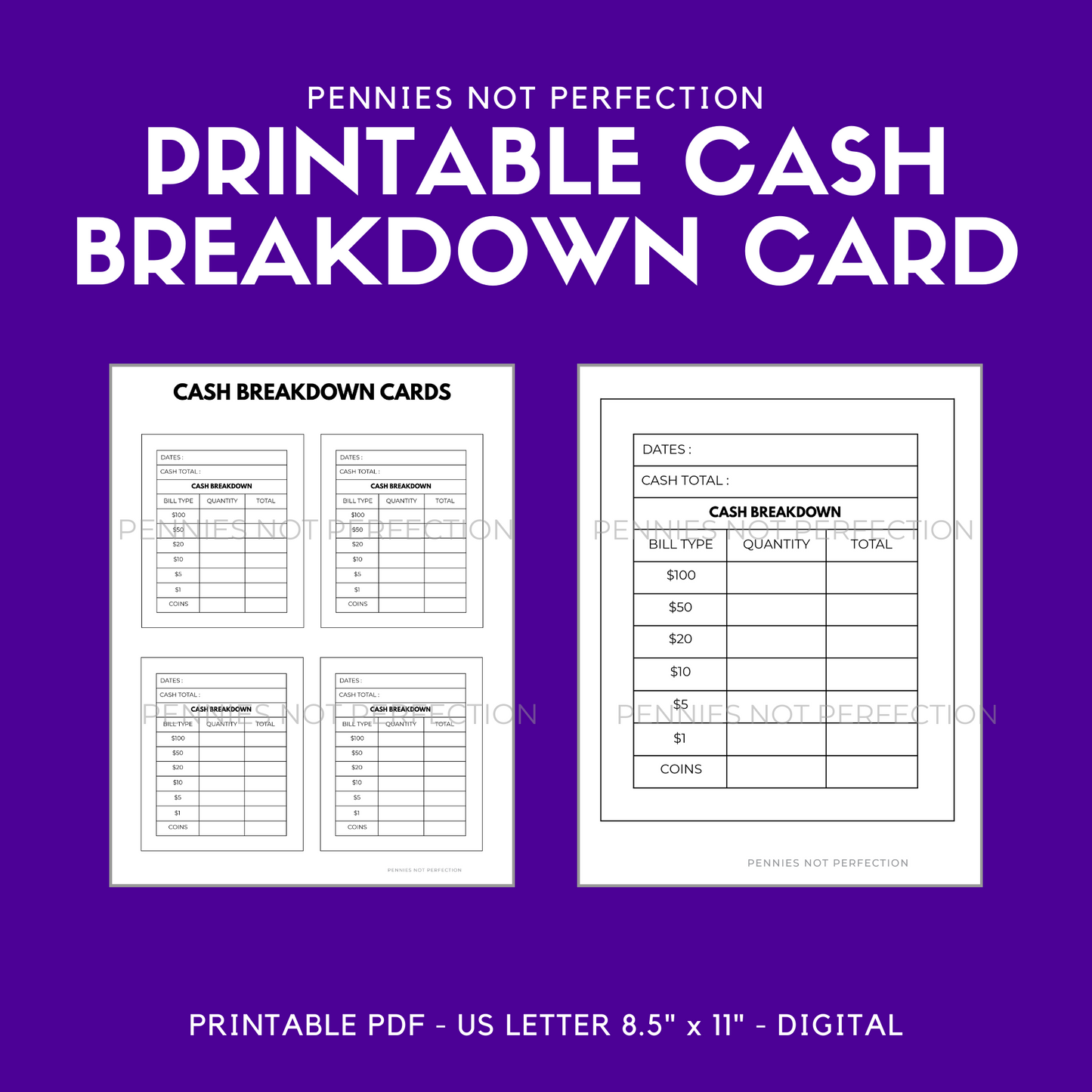 Cash Breakdown Card Printable | Cash Envelope System Printable