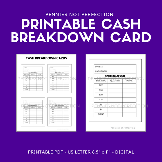 Cash Breakdown Card Printable | Cash Envelope System Printable