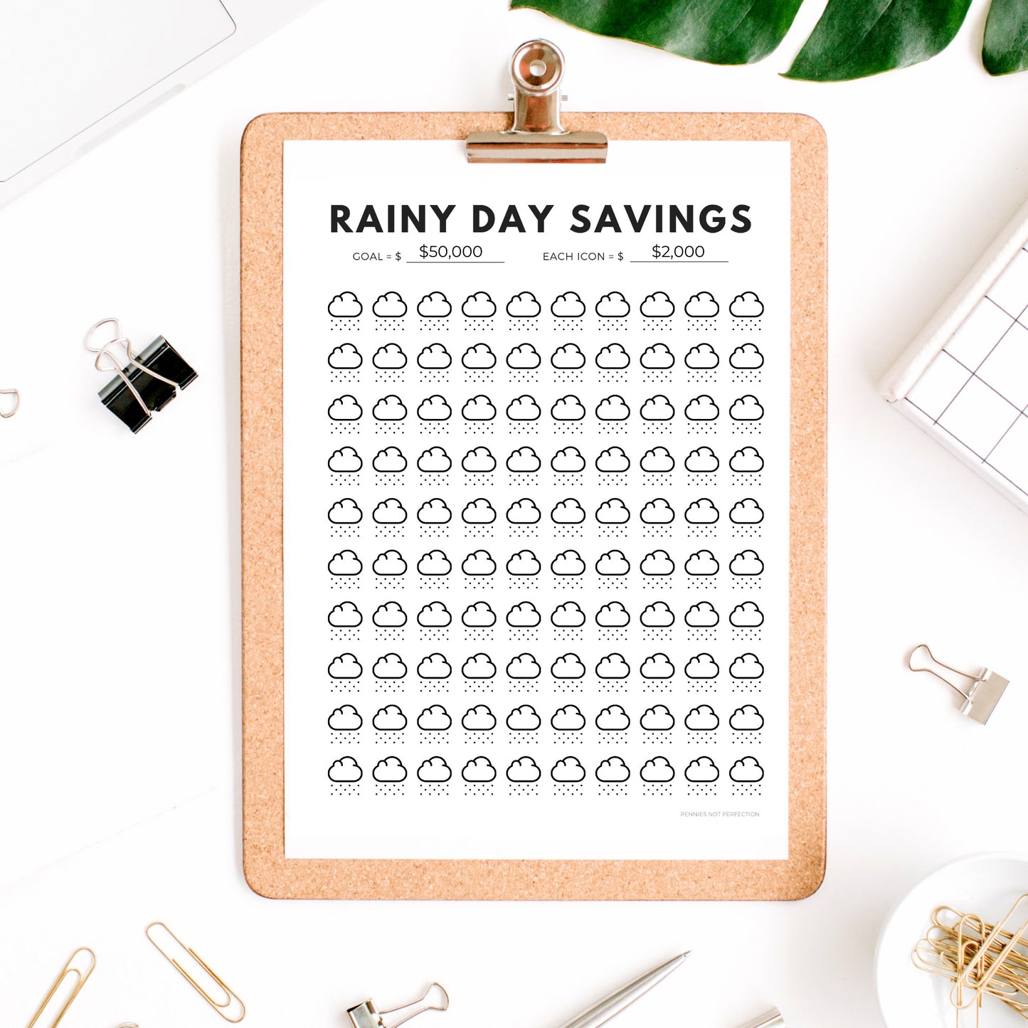 Rainy Day Savings Tracker 100 Icons - Pennies Not Perfection