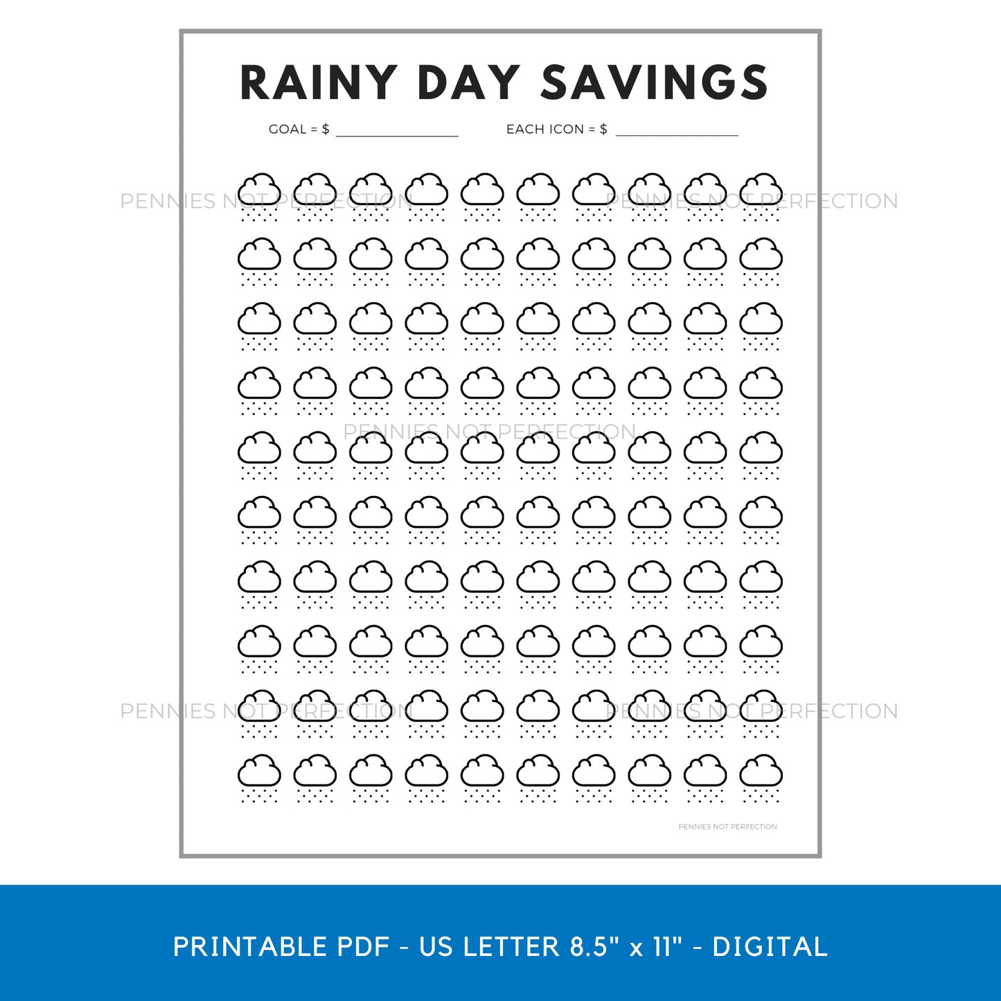 Rainy Day Savings Tracker 100 Icons - Pennies Not Perfection