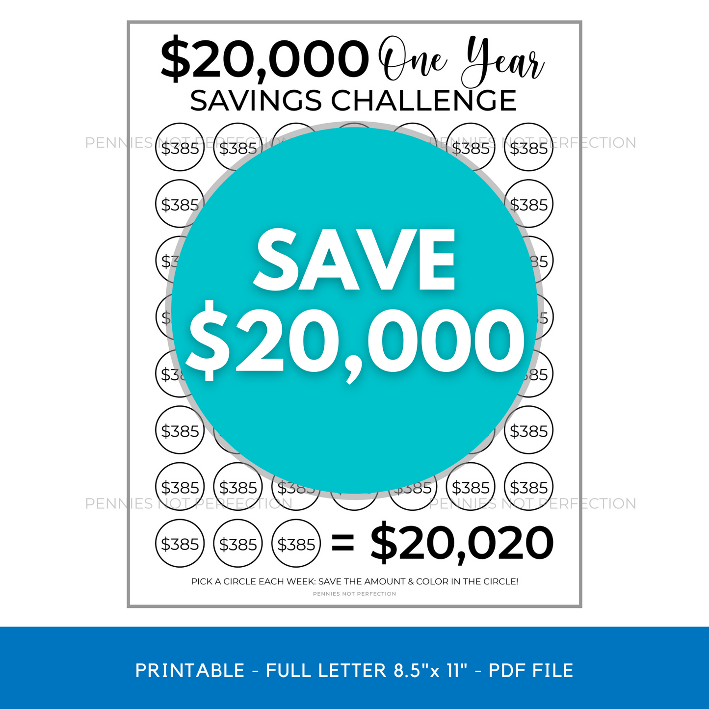 $20,000 In One Year Savings Challenge Tracker Printable