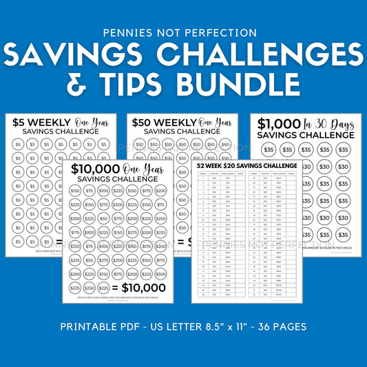 Saving Challenges Bundle + 80 Savings Tips | Save Money Challenge Trackers Printable Bundle - Pennies Not Perfection Printables 1