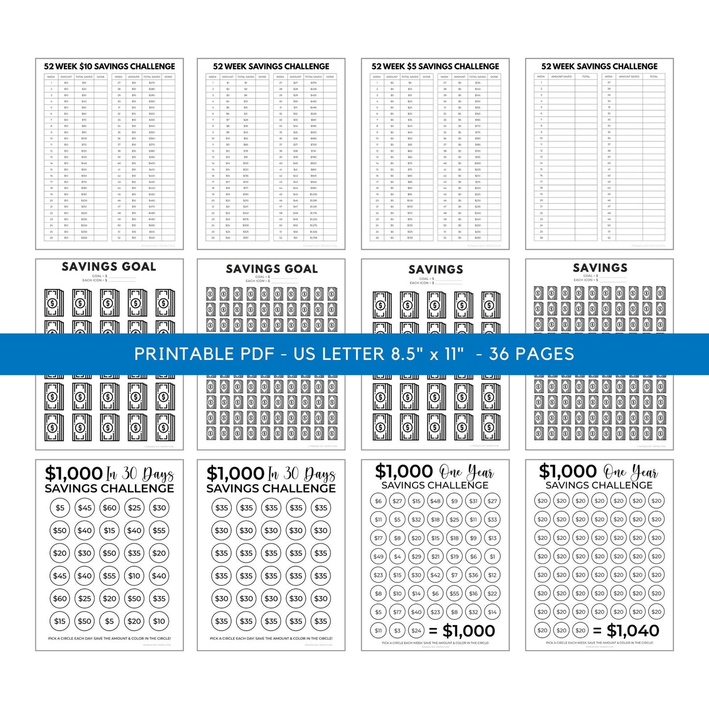 Saving Challenges Bundle + 80 Savings Tips | Save Money Challenge Trackers Printable Bundle - Pennies Not Perfection Printables 1